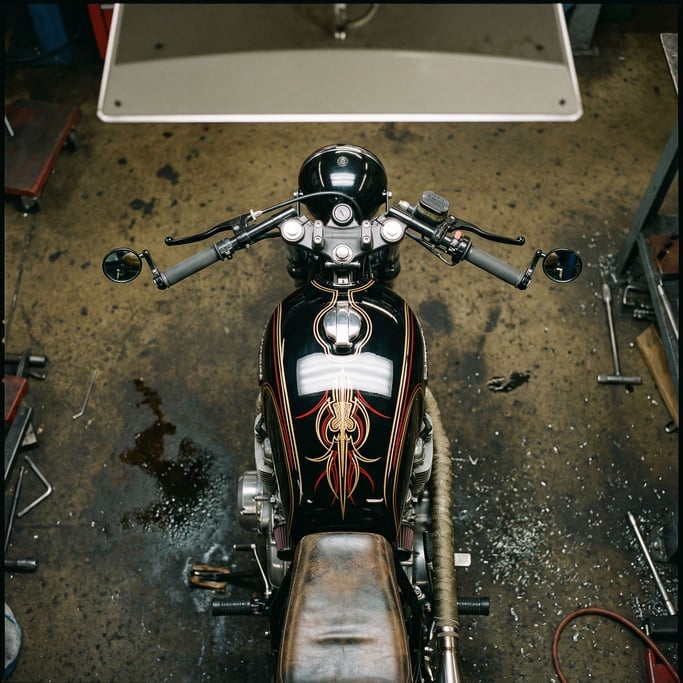Top-down view of a cafe racer motorcycle