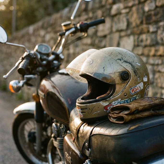 Single motorcycle helmet resting on the seat of a parked bike, visor up