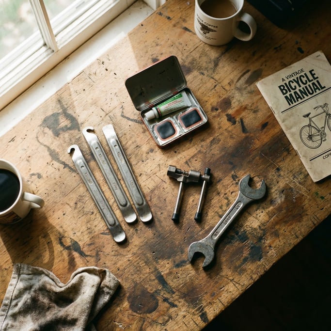 Overhead flat lay of bicycle repair tools — tire levers, patch kit, chain tool