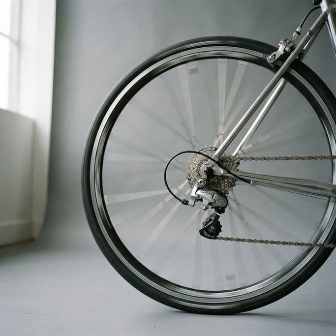 Rear wheel of a road bicycle spinning, spokes blurred into a silver disc, hub and cassette sharp