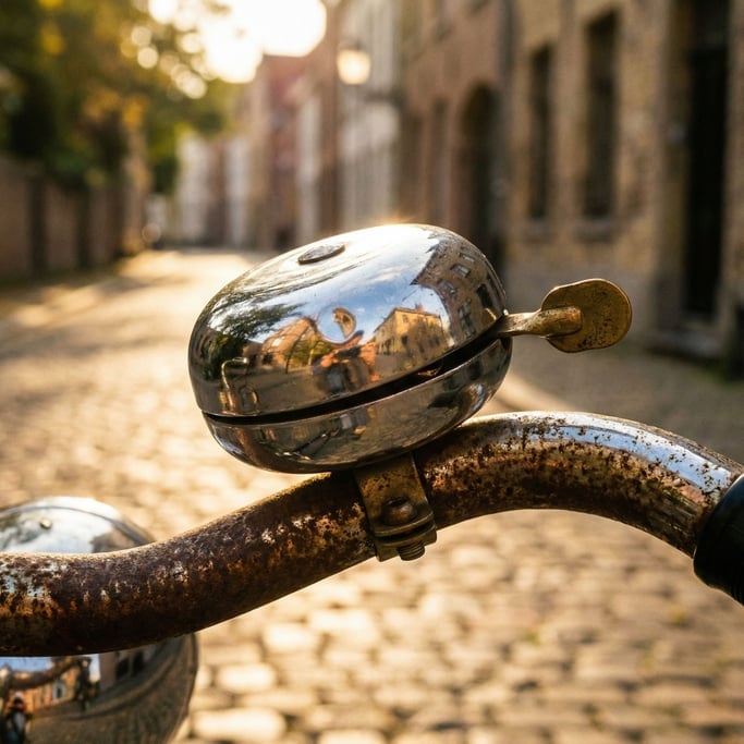 Vintage bicycle bell close-up, dented chrome dome with reflections