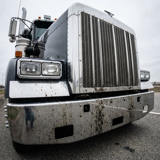 Front view of a semi truck's chrome grille and stacked headlights
