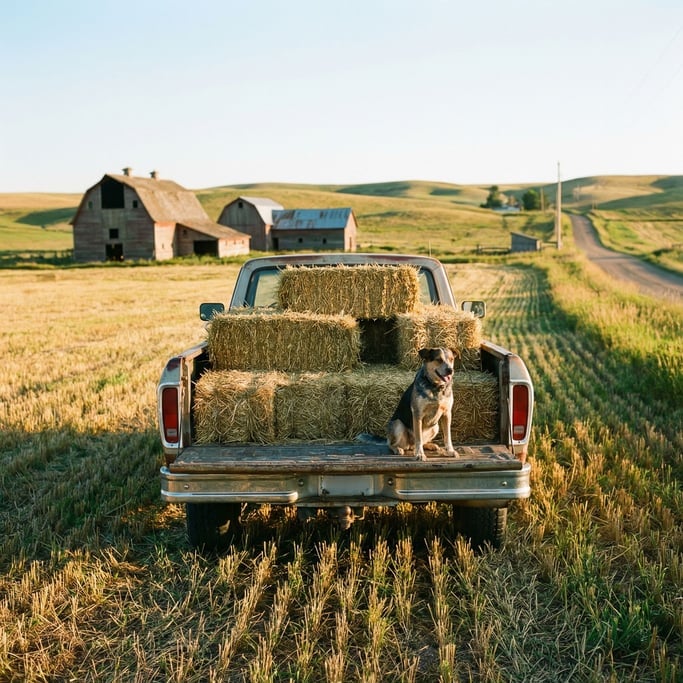 Pickup truck tailgate down in a field, viewed straight on, straw bales loaded in the bed