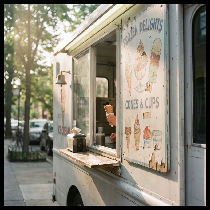 Ice cream truck window from outside, colorful menu faded by sun, small serving shelf