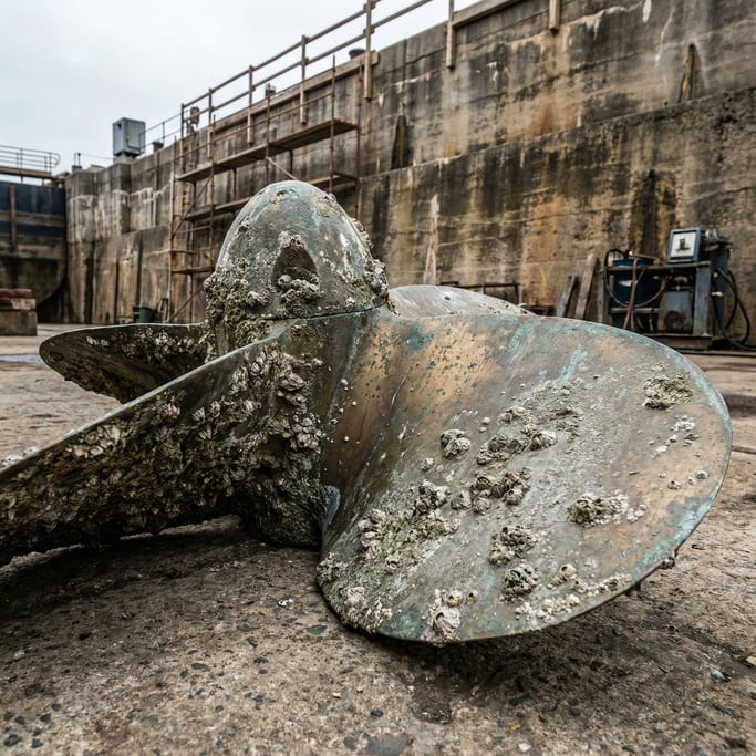 Close-up of a boat propeller out of water, bronze blades with barnacle encrustations