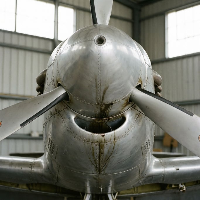 Nose cone of a vintage propeller aircraft in silver aluminum, rivets in neat rows