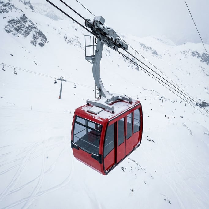 Overhead view of a cable car gondola in red enamel, snow-covered mountain slopes below