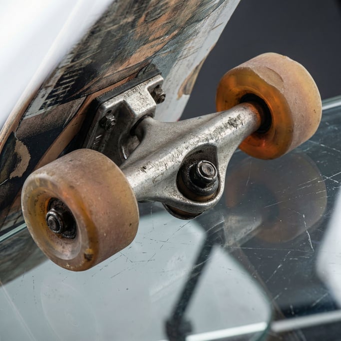 Skateboard wheels and trucks close-up from below on a glass surface