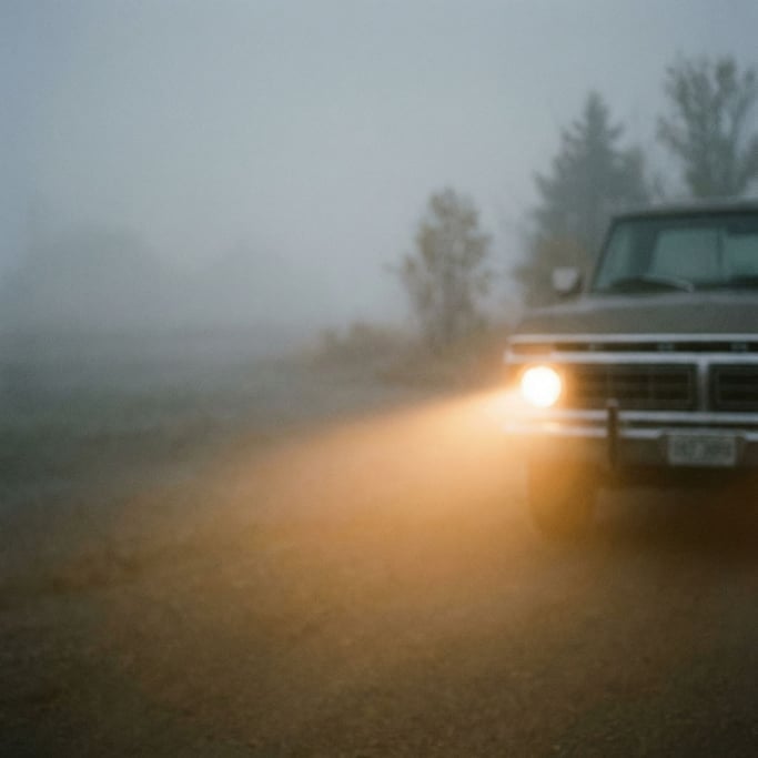 Truck headlight burning through thick morning fog