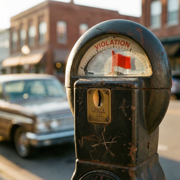 Parking meter head close-up, the dial and coin slot in sharp focus