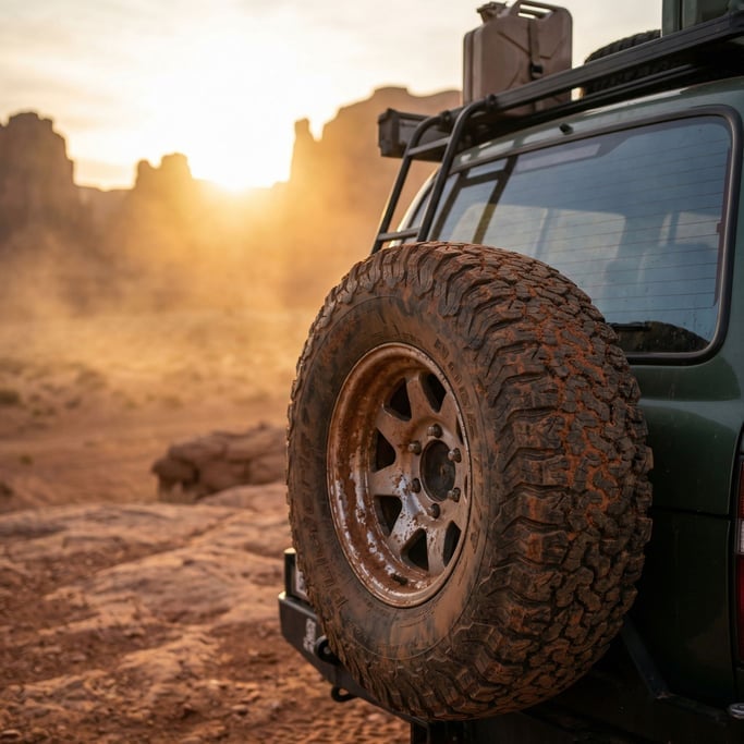 Spare tire mounted on the rear of an expedition SUV, red desert mud caked on the tread