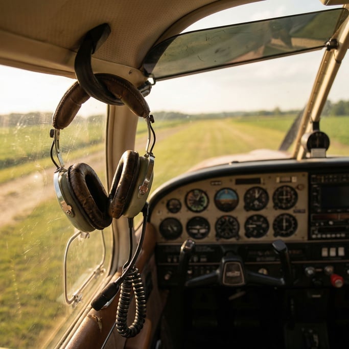 Pilot's headset hanging on a control yoke in a small aircraft cockpit, sunlight through the canopy