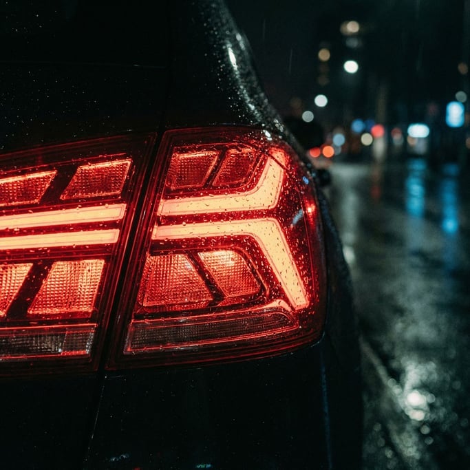 Close-up of a car taillight cluster at night, the red LEDs glowing in a geometric pattern