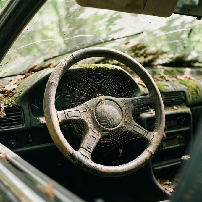 Steering wheel of an abandoned car, cracked and sun-bleached, spiderweb spanning the spokes