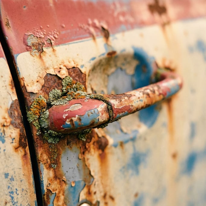 Rusted truck door handle close-up