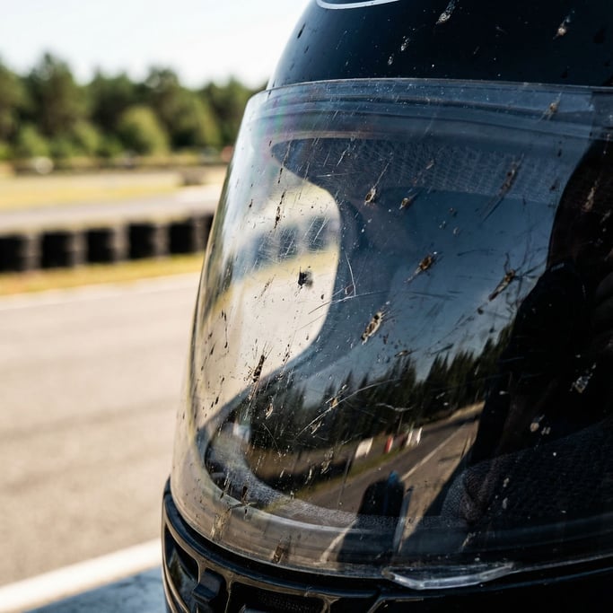 Racing helmet visor close-up, reflections of a racetrack visible in the dark visor