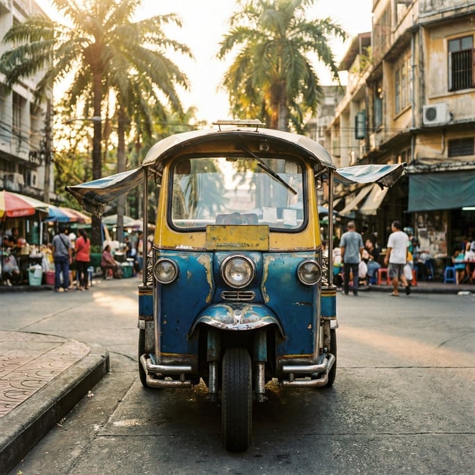 Tuk-tuk in faded blue and yellow parked at a street corner, fabric canopy fluttering