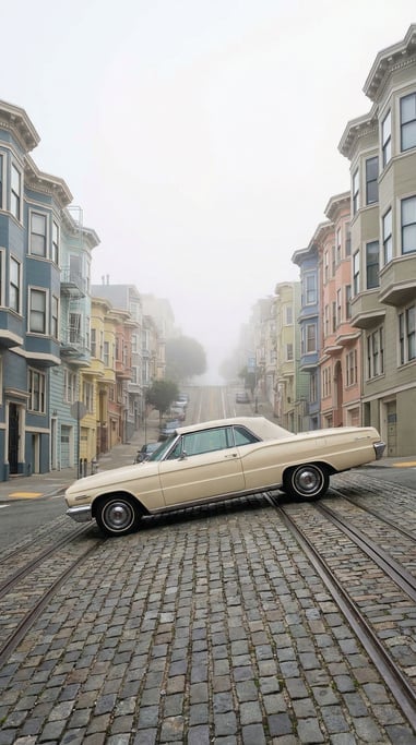 Classic car parked on a steep San Francisco-style hill, viewed from below looking up the incline