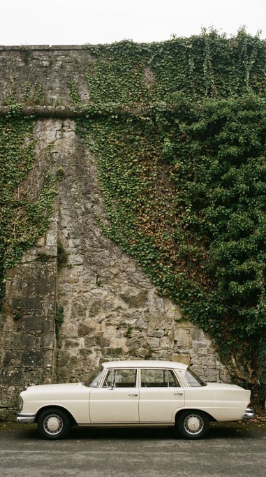 Full-length side view of a vintage European sedan in cream