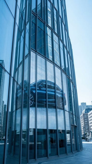 Modern sedan reflected in the glass facade of a skyscraper