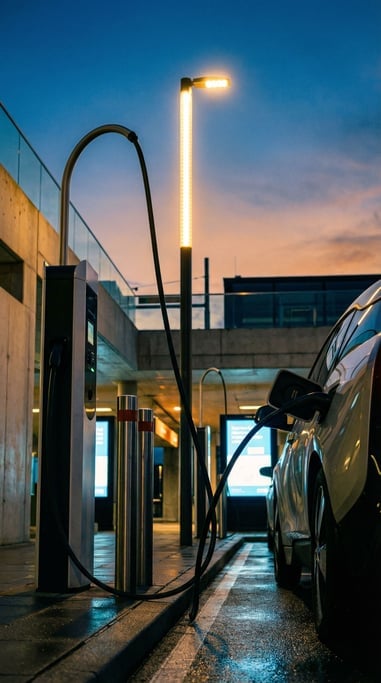 Electric car charging station from a low angle, the cable curving up to the vehicle's port