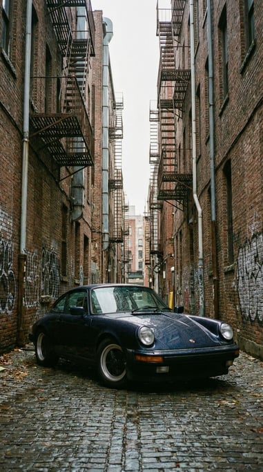 Sports car in deep navy parked in a narrow alley