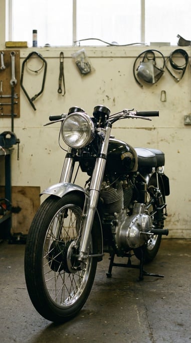 Full-length portrait-orientation shot of a vintage motorcycle leaning on its stand