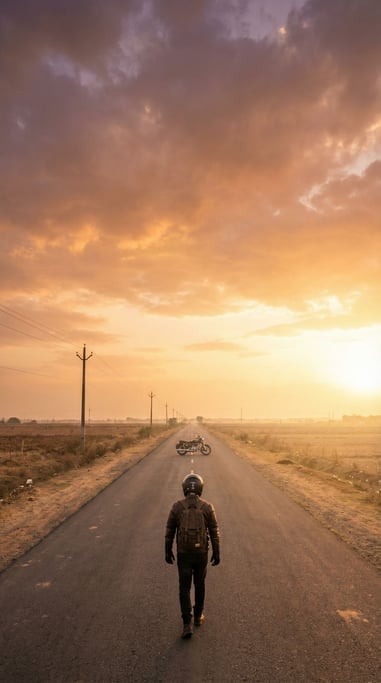 Motorcycle rider from behind walking toward a parked bike at the end of a long straight road