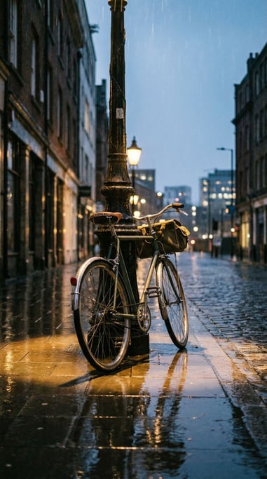 Bicycle leaning against a tall lamppost on a rain-wet evening street