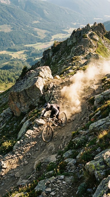 Mountain biker descending a steep rocky trail