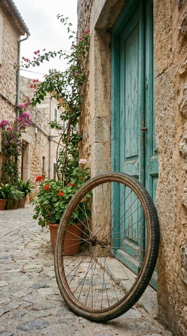 Vintage bicycle wheel leaning against a turquoise door in a Mediterranean alley