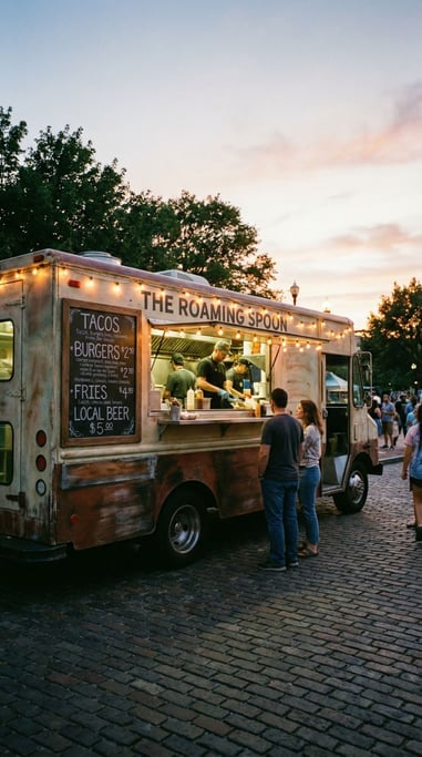 Food truck from the side, its full height including the serving window, chalkboard menu
