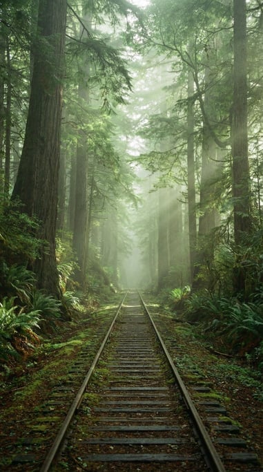 Vertical frame of railway tracks stretching into the distance between tall trees forming a natural t
