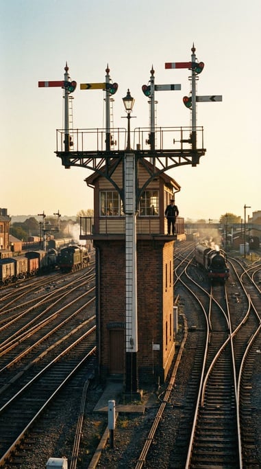 Signal tower at a railway junction, the tall structure with mechanical semaphore arms at the top