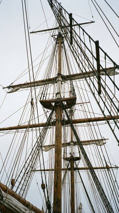 Tall ship mast and rigging from deck level looking straight up