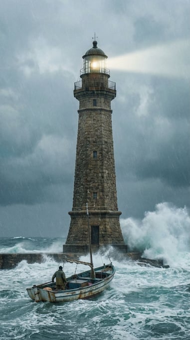 Lighthouse with a small boat in the foreground water