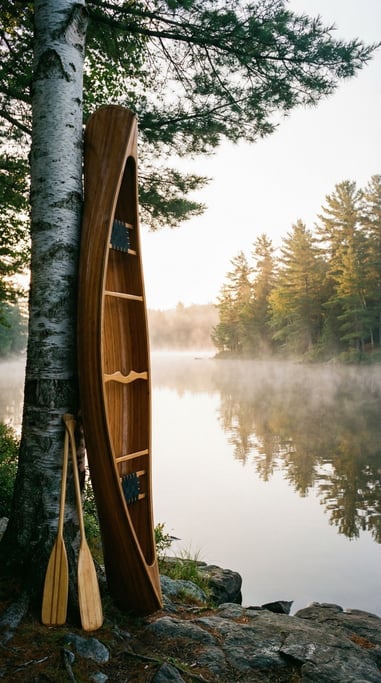 Canoe standing upright against a birch tree by a lakeshore, paddles leaning beside it