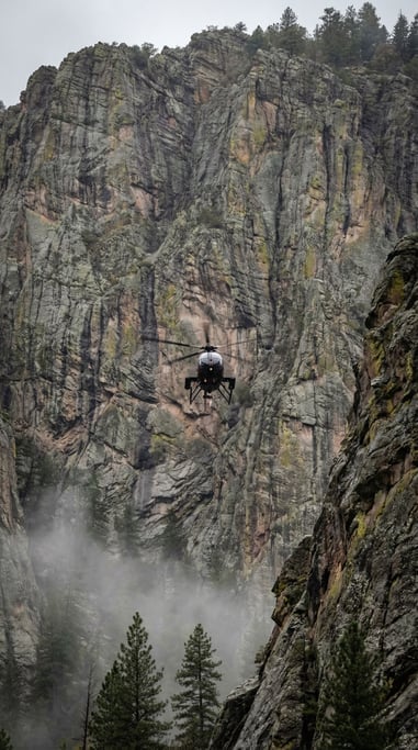 Helicopter hovering against a tall cliff face, the rock wall filling the frame with texture