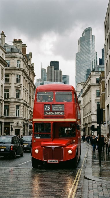 Double-decker bus from a low front angle, the full height of both levels visible