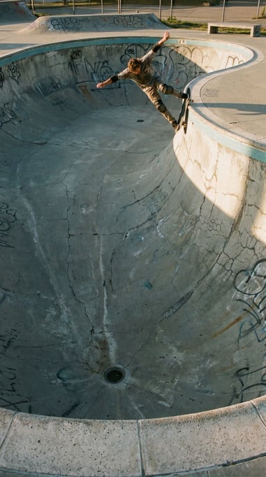 Skateboarder dropping into a deep empty pool at a skatepark