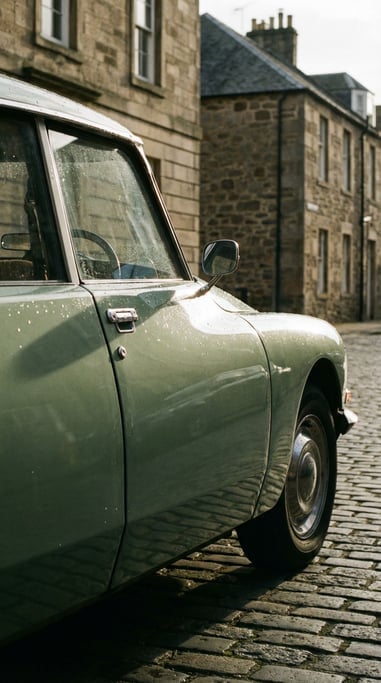 Vertical shot of a car's side profile showing the full roofline to wheel arch in a narrow crop