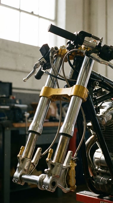 Tall close-up of a motorcycle front fork