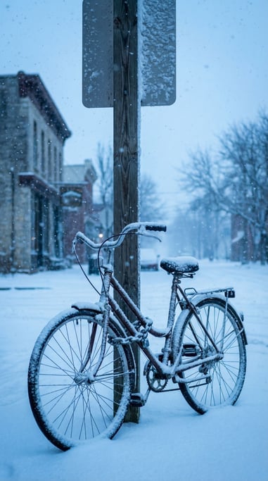 Snow-covered bicycle locked to a tall signpost, snow accumulating on every surface