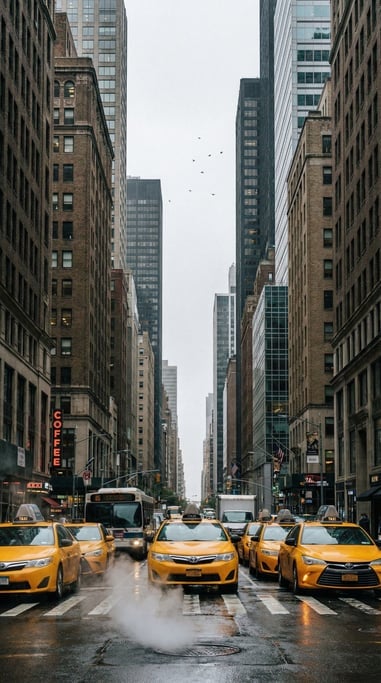 Narrow vertical shot looking down a city street canyon, taxi cabs visible at the bottom