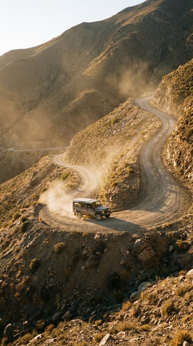 Dirt road climbing steeply up a mountainside through switchbacks
