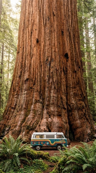 Camper van parked at the base of a towering redwood tree
