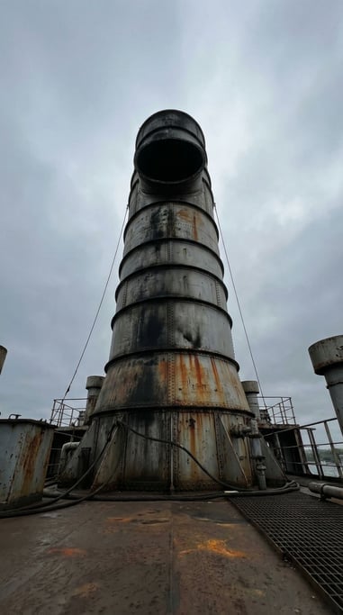 Ship's smokestack from deck level looking up, riveted steel plates