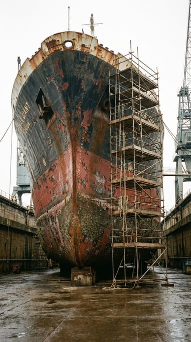 Vertical shot of a rusted ship's bow in a dry dock