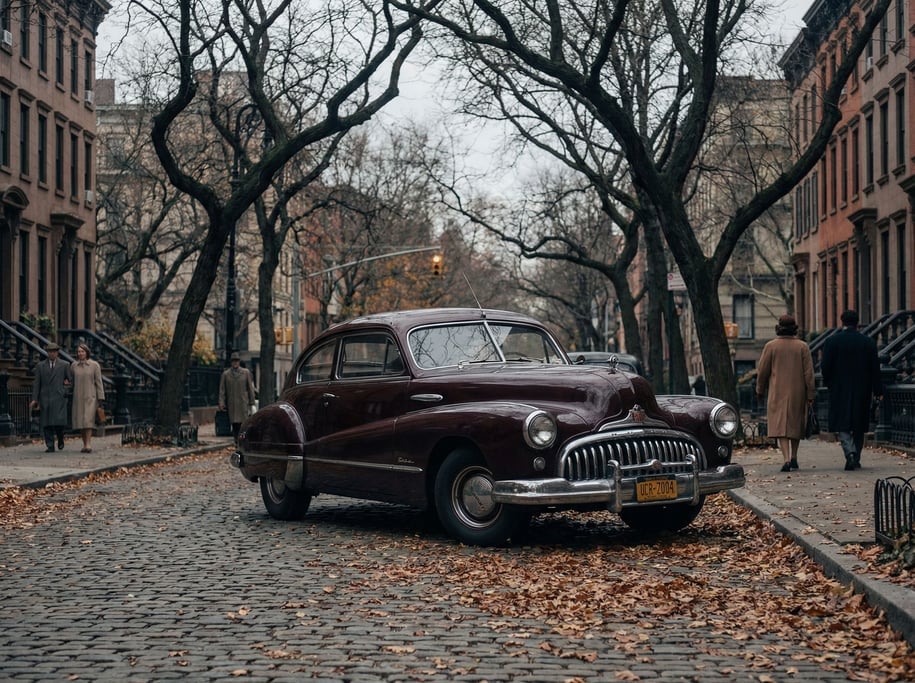 Three-quarter front view of a 1940s coupe in deep burgundy parked on a leaf-strewn boulevard