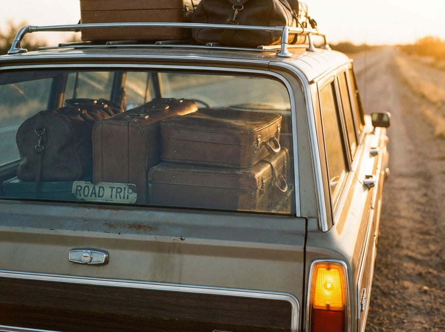 Rear window of a classic station wagon loaded with vintage leather luggage, chrome roof rack